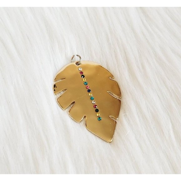 RHinestone Leaf Pendant Multicolor Statement Shiny Gold Tone Metal 13155 - Picture 1 of 8